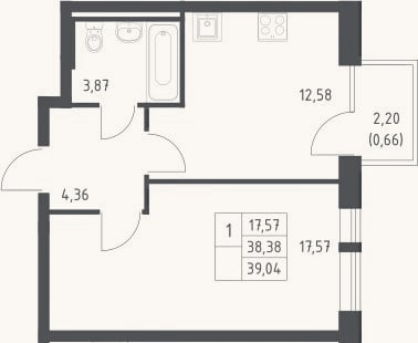 Планировка: 1-к, 38,4 м²