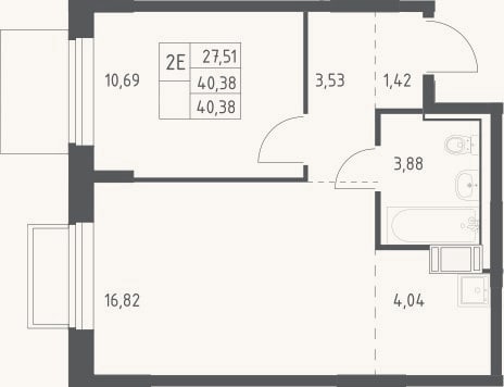 Планировка: 2-к, 40,4 м²