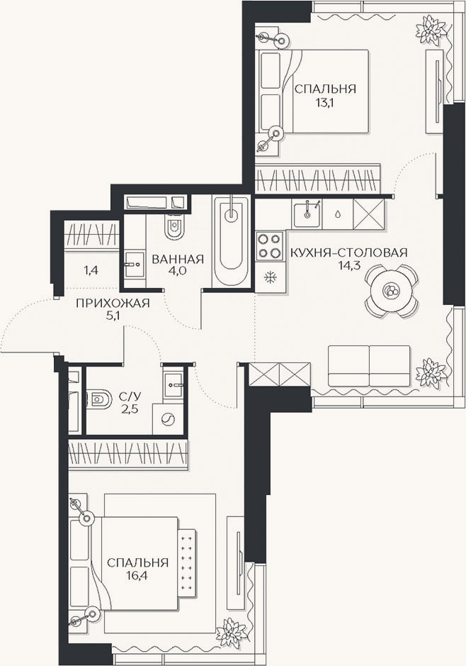 Планировка: 2-к, 56,8 м²