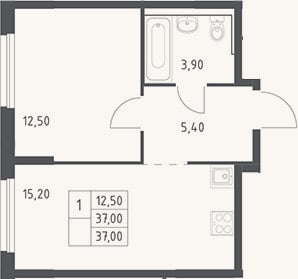 Планировка: 2-к, 37 м²