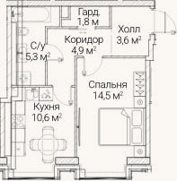 Планировка: 1-к, 40,5 м²