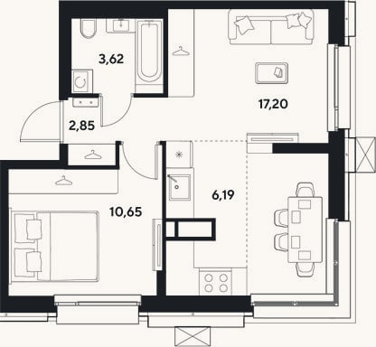Планировка: 2-к, 40,5 м²