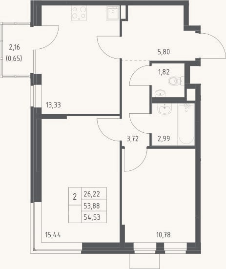 Планировка: 2-к, 53,9 м²