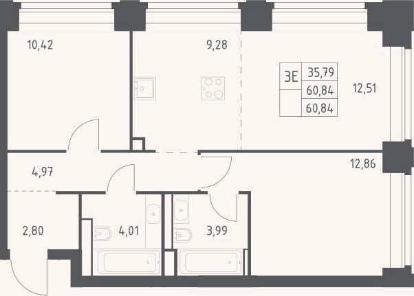 Планировка: 3-к, 60,8 м²