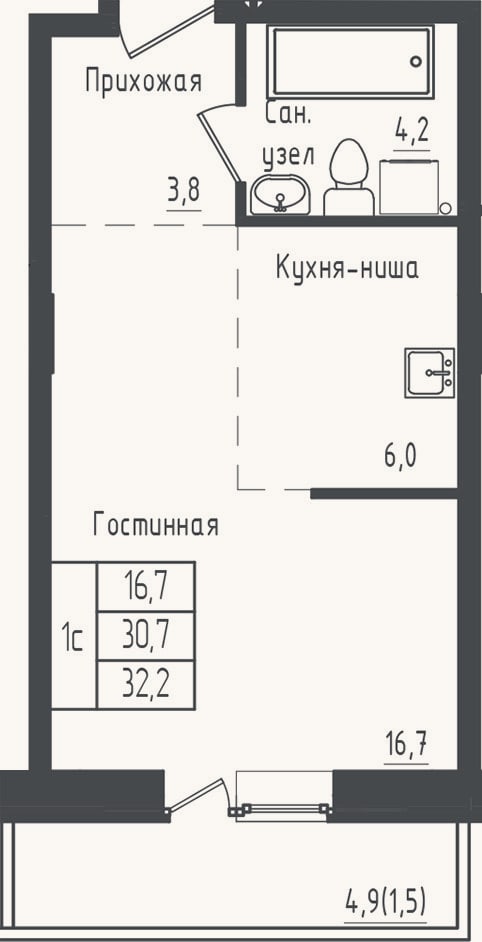Планировка: Студия, 30,7 м²