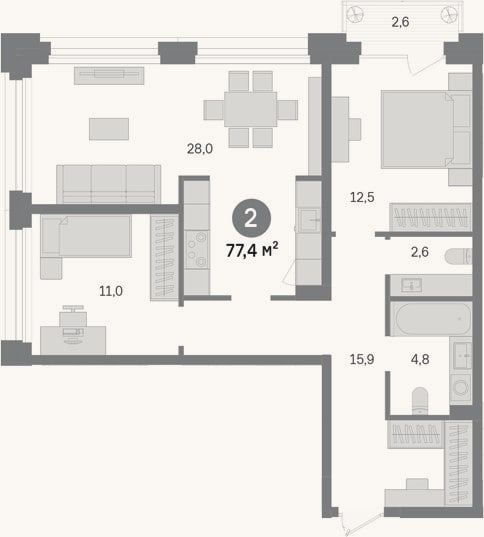 Планировка: 2-к, 74,8 м²