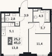 Планировка: 2-к, 45 м²