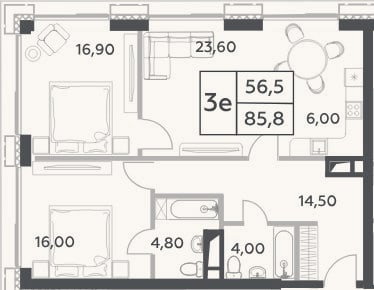 Планировка: 3-к, 85,8 м²