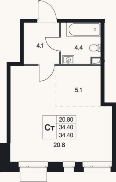 Планировка: Студия, 34,4 м²