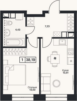 Планировка: 1-к, 38,2 м²
