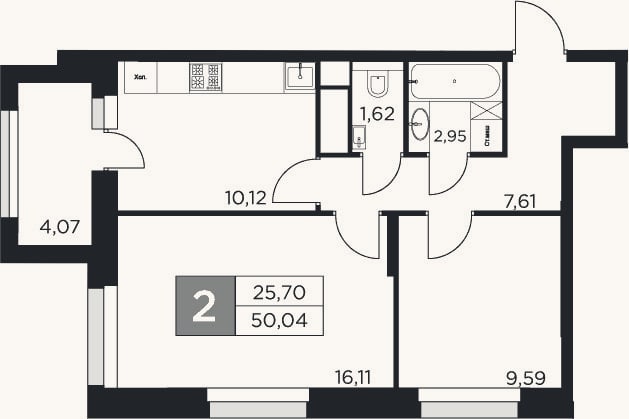 Планировка: 2-к, 48 м²