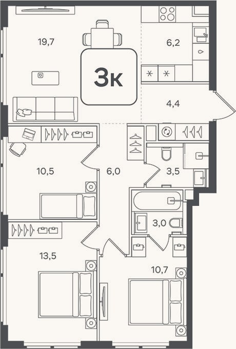 Планировка: 4+ к, 77,5 м²