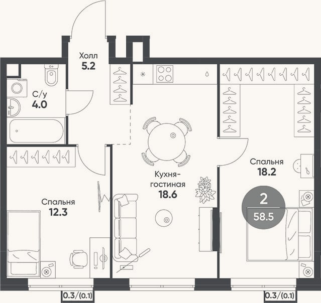 Планировка: 3-к, 58,3 м²