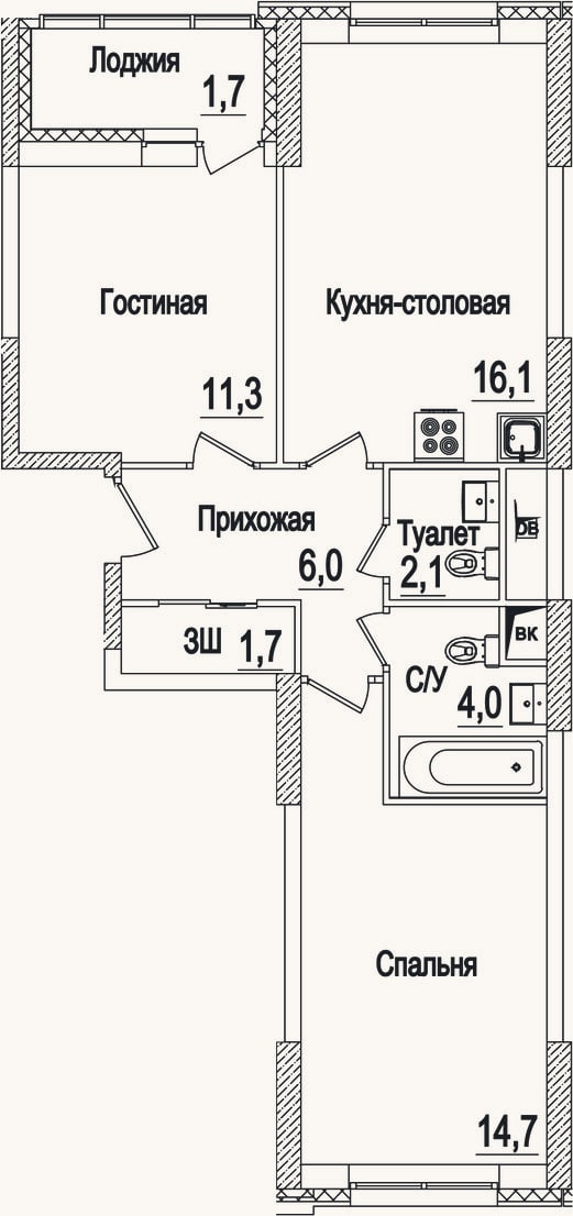 Планировка: 3-к, 55,9 м²