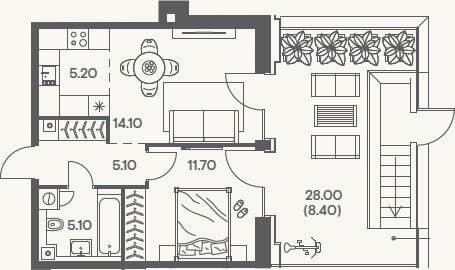 Планировка: 2-к, 41,2 м²