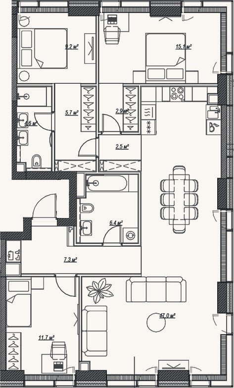 Планировка: 4+ к, 112,4 м²