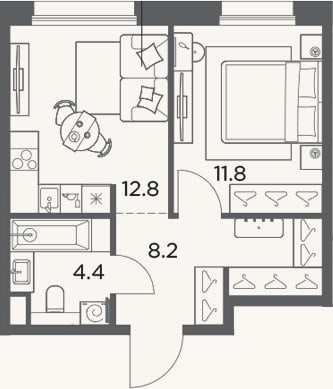 Планировка: 1-к, 37,2 м²