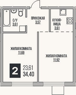 Планировка: 2-к, 34,4 м²