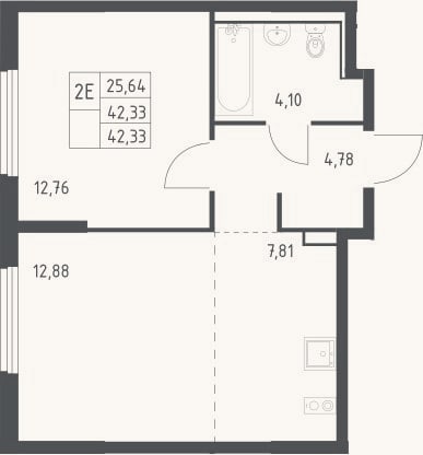 Планировка: 2-к, 42,3 м²