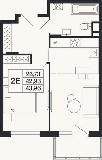 Планировка: 2-к, 42,9 м²