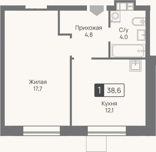 Планировка: 1-к, 38,6 м²