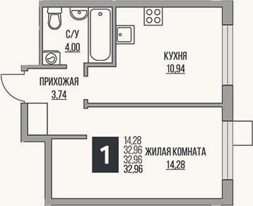Планировка: 2-к, 33 м²