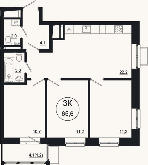 Планировка: 3-к, 64,4 м²