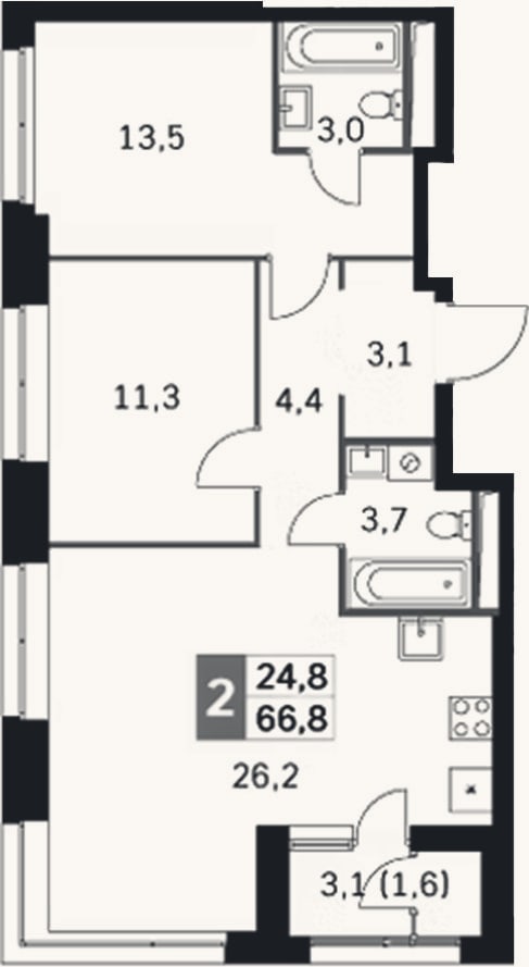 Планировка: 3-к, 65,2 м²