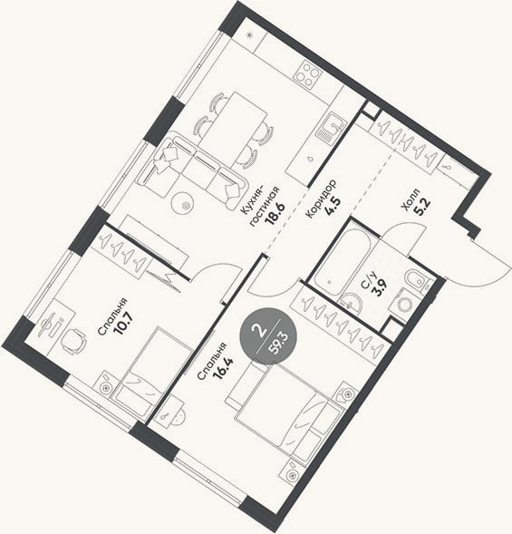Планировка: 3-к, 59,3 м²