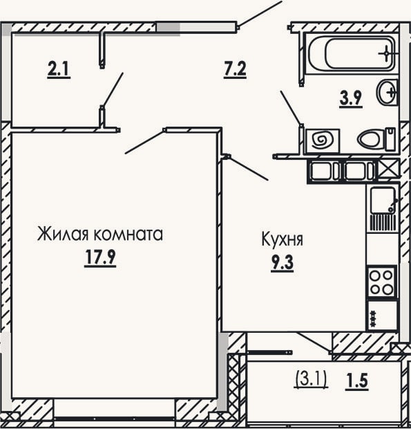 Планировка: 1-к, 40,4 м²