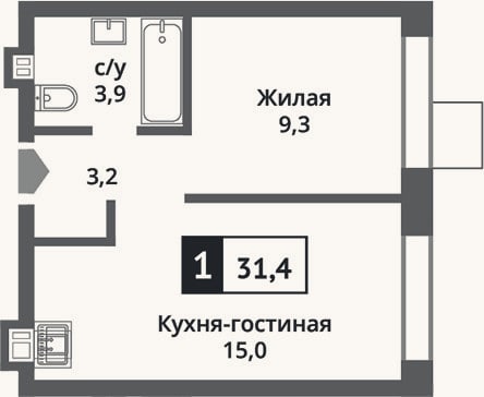 Планировка: 2-к, 31,4 м²