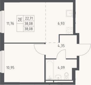Планировка: 2-к, 38,1 м²