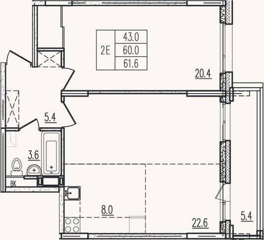 Планировка: 2-к, 60 м²