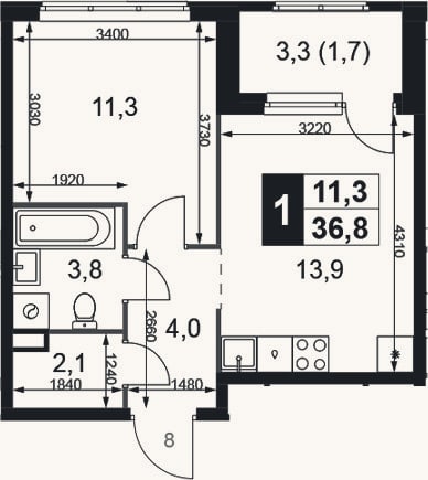 Планировка: 1-к, 35,1 м²