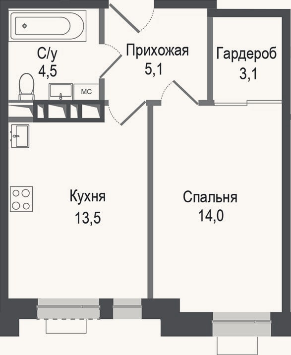 Планировка: 1-к, 40,2 м²
