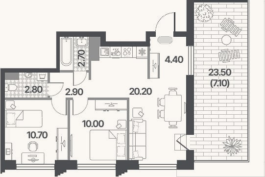 Планировка: 3-к, 53,7 м²