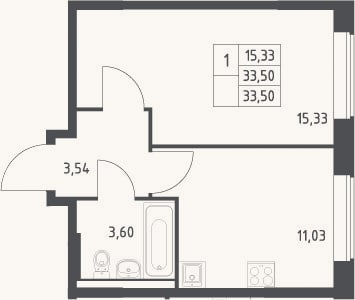 Планировка: 1-к, 33,5 м²