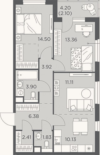 Планировка: 3-к, 67,5 м²