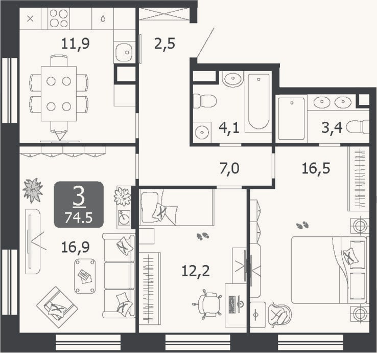 Планировка: 3-к, 74,5 м²