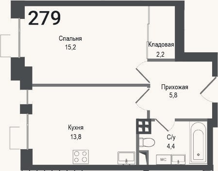 Планировка: 1-к, 41,4 м²