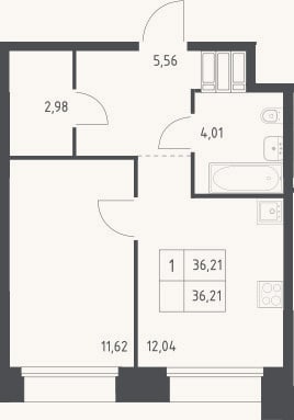 Планировка: 1-к, 36,2 м²