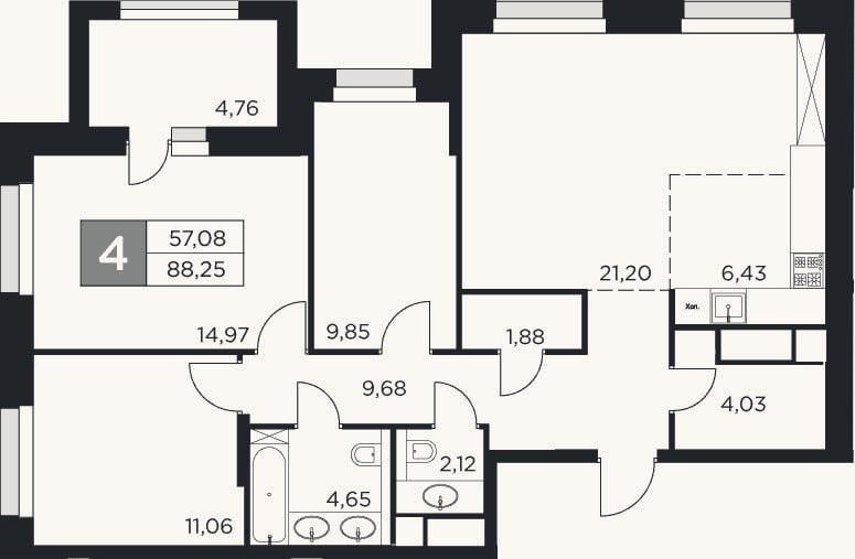 Планировка: 4+ к, 85,9 м²