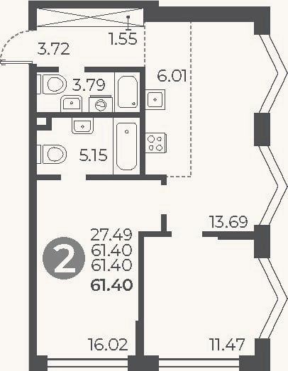Планировка: 2-к, 61,4 м²