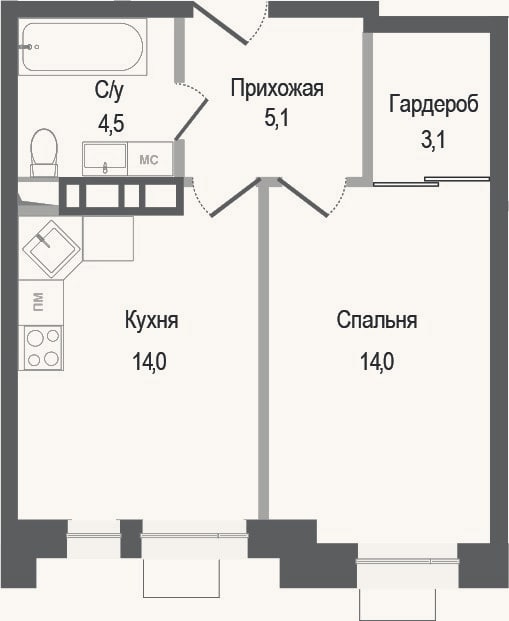 Планировка: 1-к, 40,7 м²