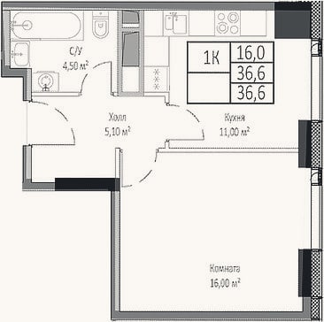 Планировка: 1-к, 36,6 м²