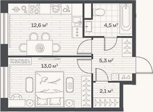 Планировка: 1-к, 37,5 м²