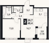 Планировка: 2-к, 46,5 м²