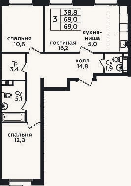 Планировка: 3-к, 69 м²