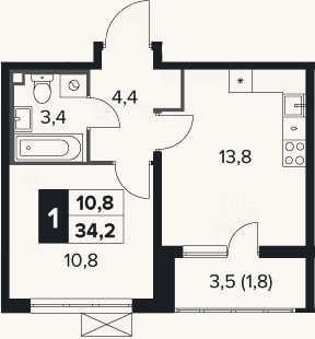 Планировка: 1-к, 32,4 м²