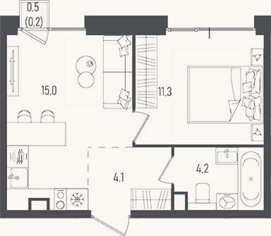 Планировка: 2-к, 34,6 м²